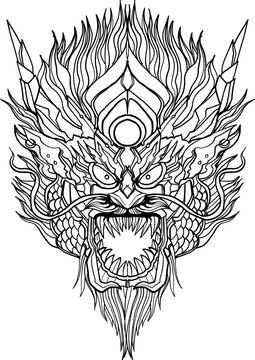 black-and-white illustration of a mythical dragon-naga hybrid face. The artwork combines the fierce expression of a Chinese dragon with the ornamental flames, scales,