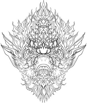 black-and-white illustration of a mythical dragon-naga hybrid face. The artwork combines the fierce expression of a Chinese dragon with the ornamental flames, scales,