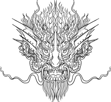 black-and-white illustration of a mythical dragon-naga hybrid face. The artwork combines the fierce expression of a Chinese dragon with the ornamental flames, scales,