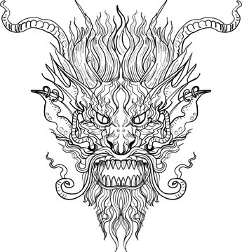 black-and-white illustration of a mythical dragon-naga hybrid face. The artwork combines the fierce expression of a Chinese dragon with the ornamental flames, scales,