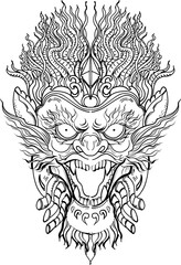 black-and-white illustration of a mythical dragon-naga hybrid face. The artwork combines the fierce expression of a Chinese dragon with the ornamental flames, scales,