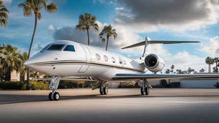 Obraz premium Luxury private jet on the tarmac with palm trees against a cloudy sky