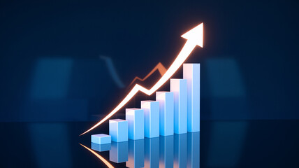 Ascending blue bars chart with glowing arrow, showcasing growth, progress, and success in business, finance or marketing concepts