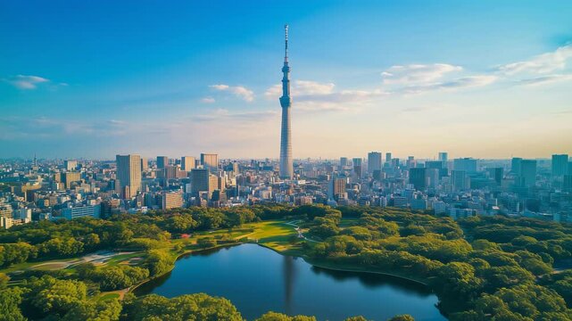 東京スカイツリーと緑豊かな都市風景の空撮