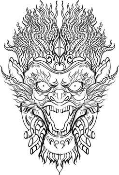 black-and-white illustration of a mythical dragon-naga hybrid face. The artwork combines the fierce expression of a Chinese dragon with the ornamental flames, scales,