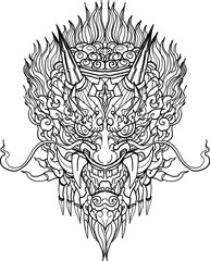 black-and-white illustration of a mythical dragon-naga hybrid face. The artwork combines the fierce expression of a Chinese dragon with the ornamental flames, scales,