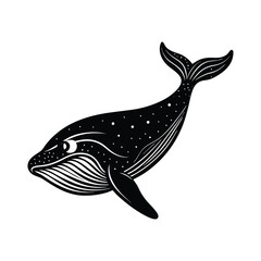 Elegant black and white illustration of a whimsical whale with starry details