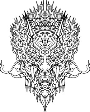 black-and-white illustration of a mythical dragon-naga hybrid face. The artwork combines the fierce expression of a Chinese dragon with the ornamental flames, scales,