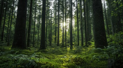 Fototapeta premium Lush Green Forest with Sunlight Streaming Through Tall Trees