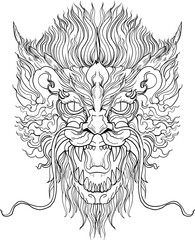 black-and-white illustration of a mythical dragon-naga hybrid face. The artwork combines the fierce expression of a Chinese dragon with the ornamental flames, scales,