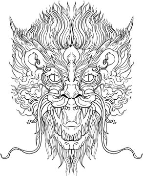 black-and-white illustration of a mythical dragon-naga hybrid face. The artwork combines the fierce expression of a Chinese dragon with the ornamental flames, scales,