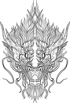 black-and-white illustration of a mythical dragon-naga hybrid face. The artwork combines the fierce expression of a Chinese dragon with the ornamental flames, scales,