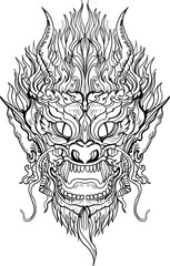 black-and-white illustration of a mythical dragon-naga hybrid face. The artwork combines the fierce expression of a Chinese dragon with the ornamental flames, scales,
