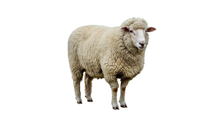 Fototapeta premium Full-Grown Merino Sheep Thick Dense White Wool Calm Expression Standing Isolated White Farm Animal