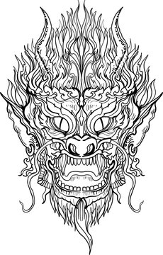 black-and-white illustration of a mythical dragon-naga hybrid face. The artwork combines the fierce expression of a Chinese dragon with the ornamental flames, scales,