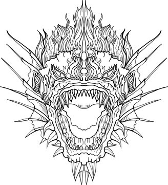 black-and-white illustration of a mythical dragon-naga hybrid face. The artwork combines the fierce expression of a Chinese dragon with the ornamental flames, scales,