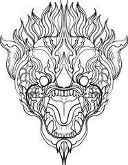 black-and-white illustration of a mythical dragon-naga hybrid face. The artwork combines the fierce expression of a Chinese dragon with the ornamental flames, scales,