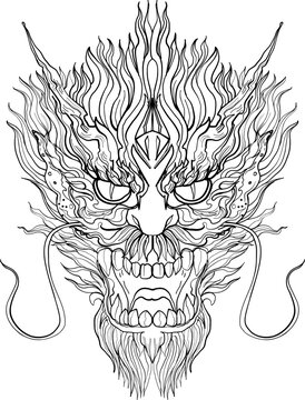 black-and-white illustration of a mythical dragon-naga hybrid face. The artwork combines the fierce expression of a Chinese dragon with the ornamental flames, scales,
