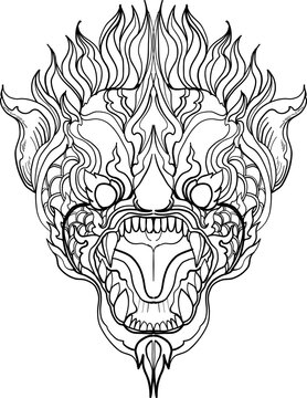 black-and-white illustration of a mythical dragon-naga hybrid face. The artwork combines the fierce expression of a Chinese dragon with the ornamental flames, scales,