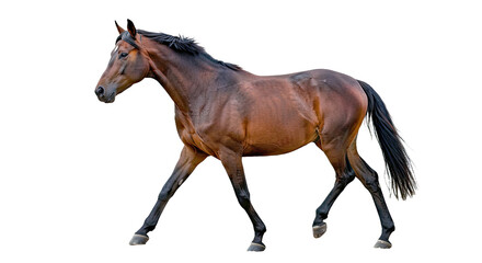 Naklejka premium Grace Horse Walking Delicately Long Legs Shiny Coat Fluid Motion Isolated White Elegant Equine Beauty