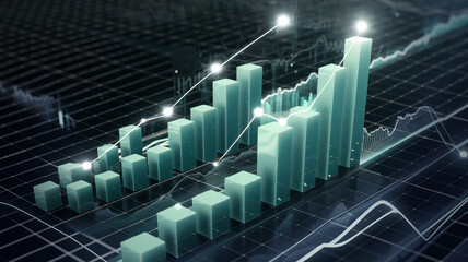 Fototapeta premium 3D teal bar graph showcasing upward trend, symbolizing growth, success, and financial progress, ideal for business presentations or reports