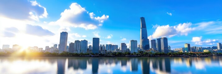 Naklejka premium 2d animation ho chi min city downtown skyline -