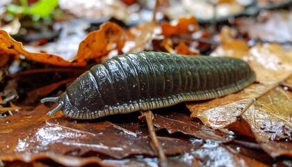 Dark Segmented Worm on Damp Autumn Leaves