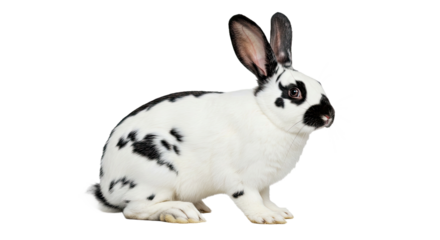 Large Checkered Giant Rabbit Sitting Distinct Black Markings Upright Ears White Coat Isolated Pet