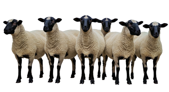 Group Dorper Sheep Mixed Black White Heads Standing Close Together Isolated White Farm Animals Flock