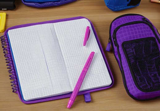 Open purple notebook with grid paper, pens, and pencil case on wooden surface