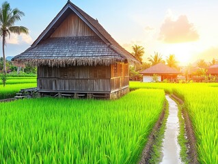 Obraz premium Tranquil rice paddy landscape with traditional wooden house at sunset