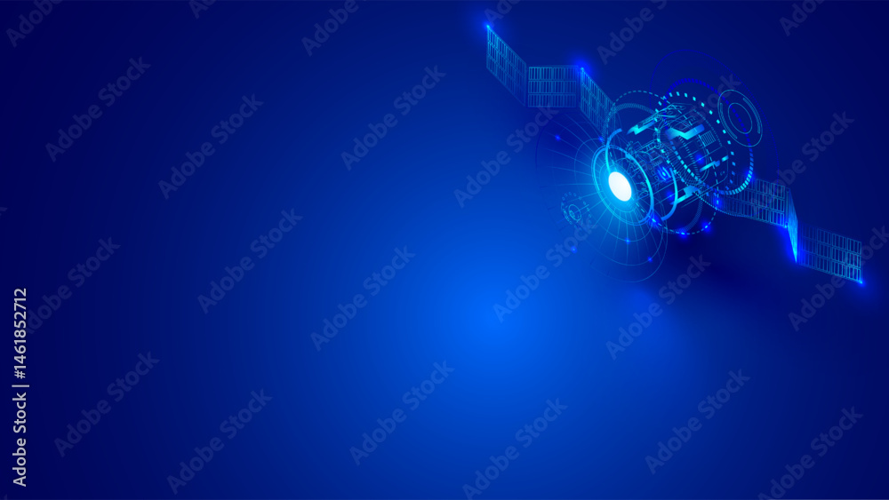 Poster satellite communications. satellite on blue background. communication satellite with opened solar pa
