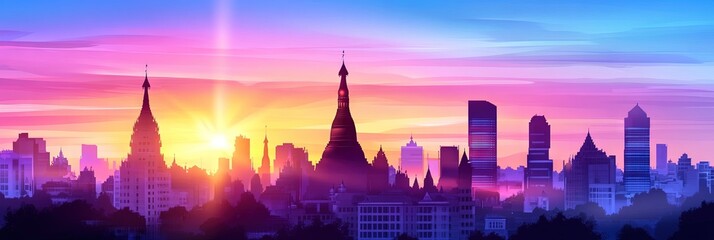 2d animation yangon, myanmar downtown skyline 