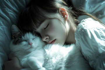 Generative AI image of a joyful child happily hugging a beloved domestic cat in bed