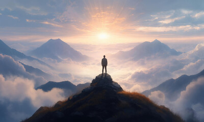Hiker Standing On Mountain Peak Under Majestic Sunrise Sky
