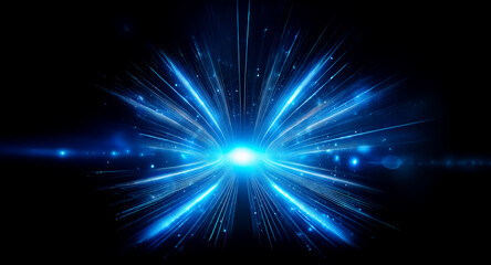 Naklejka premium A vibrant blue energy burst radiates outwards, creating a dazzling light show against a deep black background. Intense light streaks emanate from a central point, showcasing dynamic motion and lumine