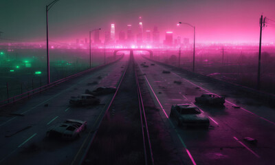 Neon Lights Over Foggy Train Tracks At Night Urban Landscape