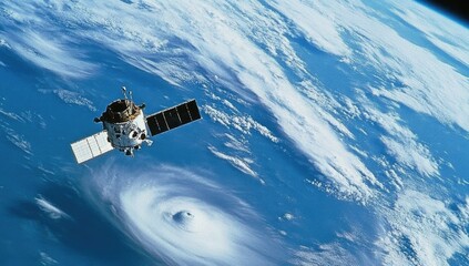 Satellite orbiting Earth, above a swirling storm