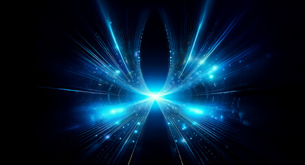 Fototapeta premium Intense, symmetrical burst of bright cyan energy against a pitch-black background. Sparkles and streaks radiate outwards, creating a visually striking, otherworldly effect.