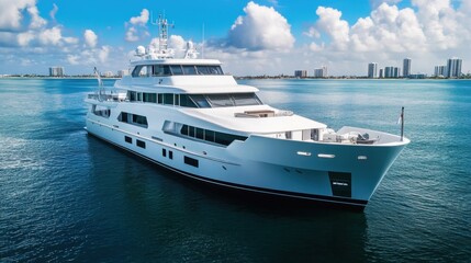 Naklejka premium Luxurious White Yacht Sailing on Calm Blue Sea under a Clear Sky with Distant Coastal Buildings