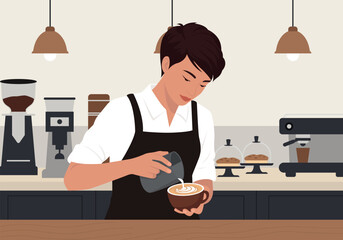 Female Barista Creating Latte Art in Cozy Coffee Shop Interior