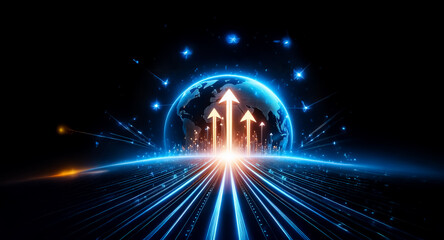 Glowing arrows ascend from a futuristic road towards a vibrant globe, symbolizing global growth and progress in a digital age.  Light streaks and cosmic elements add to the dynamic scene.