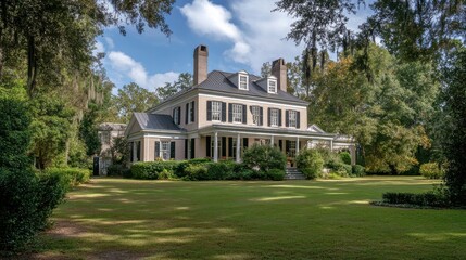 Obraz premium Elegant Two-Story House with Lush Green Lawn and Surrounding Trees in Natural Light