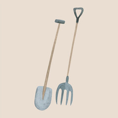 Watercolor Illustration of Gardening Tools in isolated background