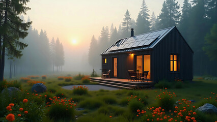 Modern tiny house in the woods with solar panels, surrounded by wildflowers and forest