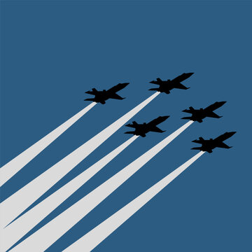 Vector illustration of five military fighter jets flying in tight formation on Blue Sky in retro style &ndash; Vector Illustration f 16 fighter jet