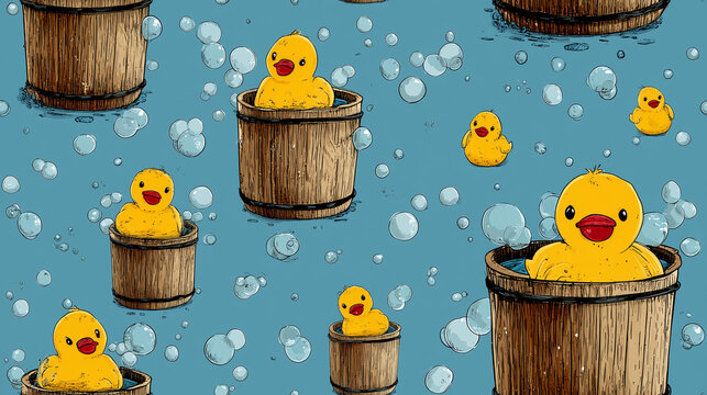Rubber Ducks In Wooden Barrels Seamless Pattern Background