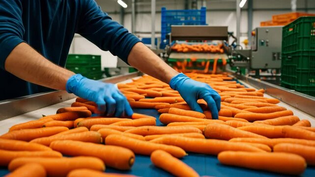 Workers sort fresh carrots on a conveyor belt at a processing facility for packaging