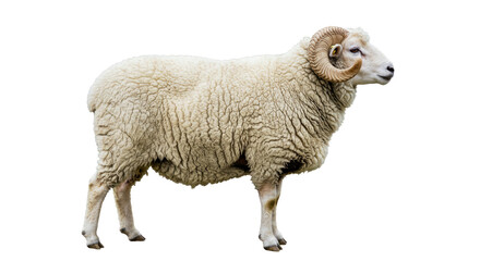 Obraz premium Merino Sheep Side Profile Dense Wool Coat Curled Horns Standing Isolated White Farm Animal Livestock Breed
