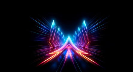 Vibrant blue and orange neon arrows converge in a symmetrical, futuristic design against a black background. The glowing lines create a dynamic, almost ethereal, effect.